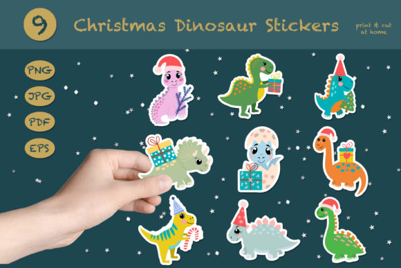 Christmas Dinosaur Stickers. Dino PNG Illustrations