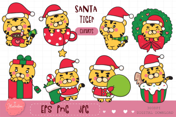 Cute Baby Tiger, Kawaii Christmas Santa Illustration