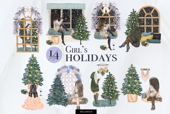 Girl s Christmas Holidays Illustrations for Digital Selling