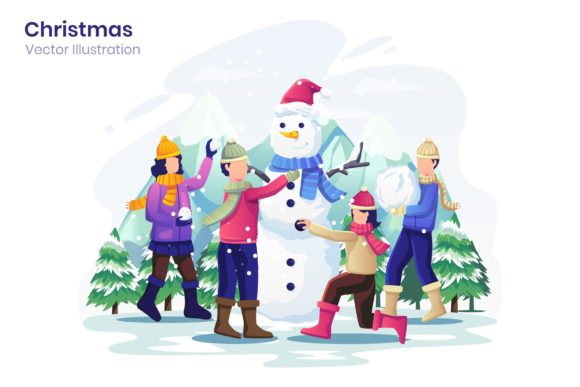 Kid Make Snowman Christmas Illustration for Crafting and Design