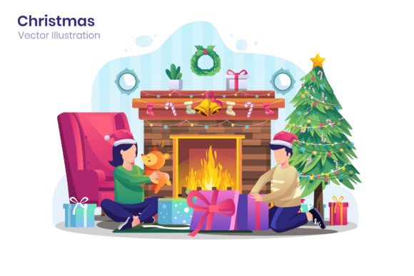 Kids Open Christmas Gift Illustration for Handmade Creations