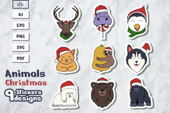 Merry Christmas Animal Sticker Vector Illustrations