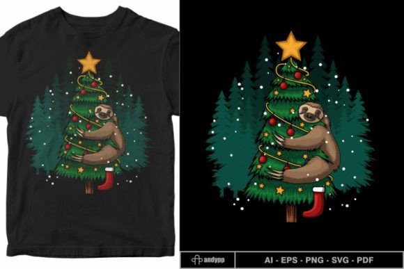 Sloth Hugging Tree Merry Christmas Illustration